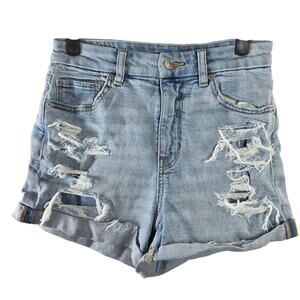 American Eagle Stretch Curvy Mom Shorts Denim Blue Floral Embroidered Size 4